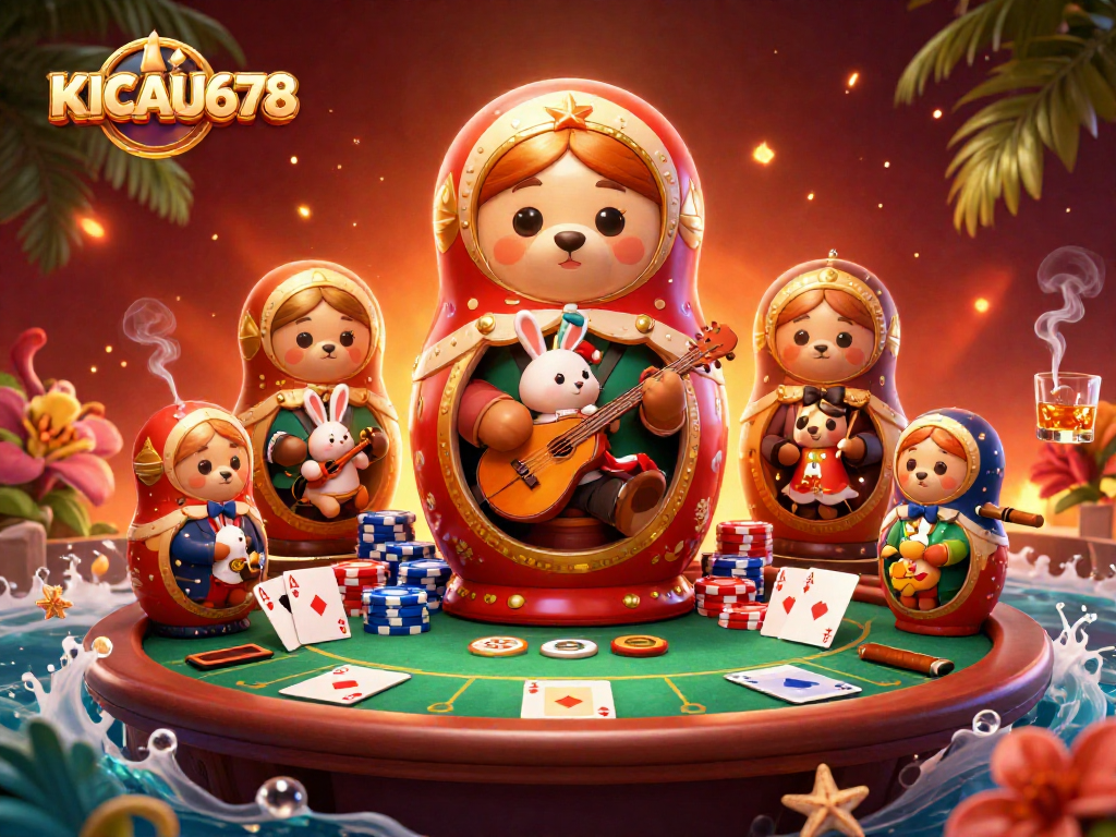 KICAU678 interactive gambling scene featuring playful bears and a dynamic poker setup.