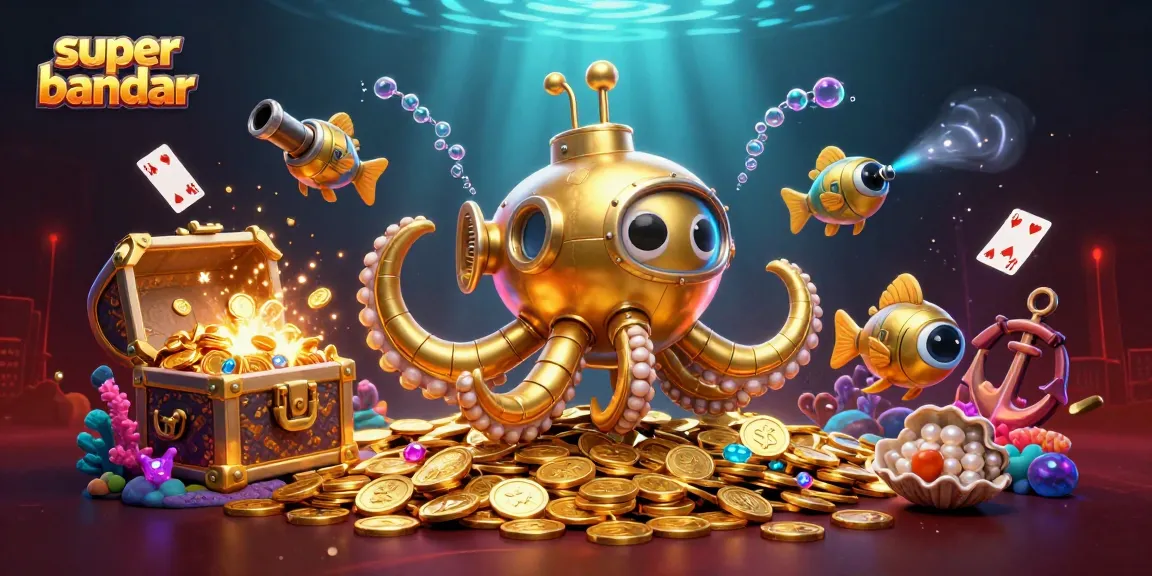 Gambaran super bandar yang menarik dengan karakter 3D menyelam di lautan koin emas sambil mengumpulkan harta karun.