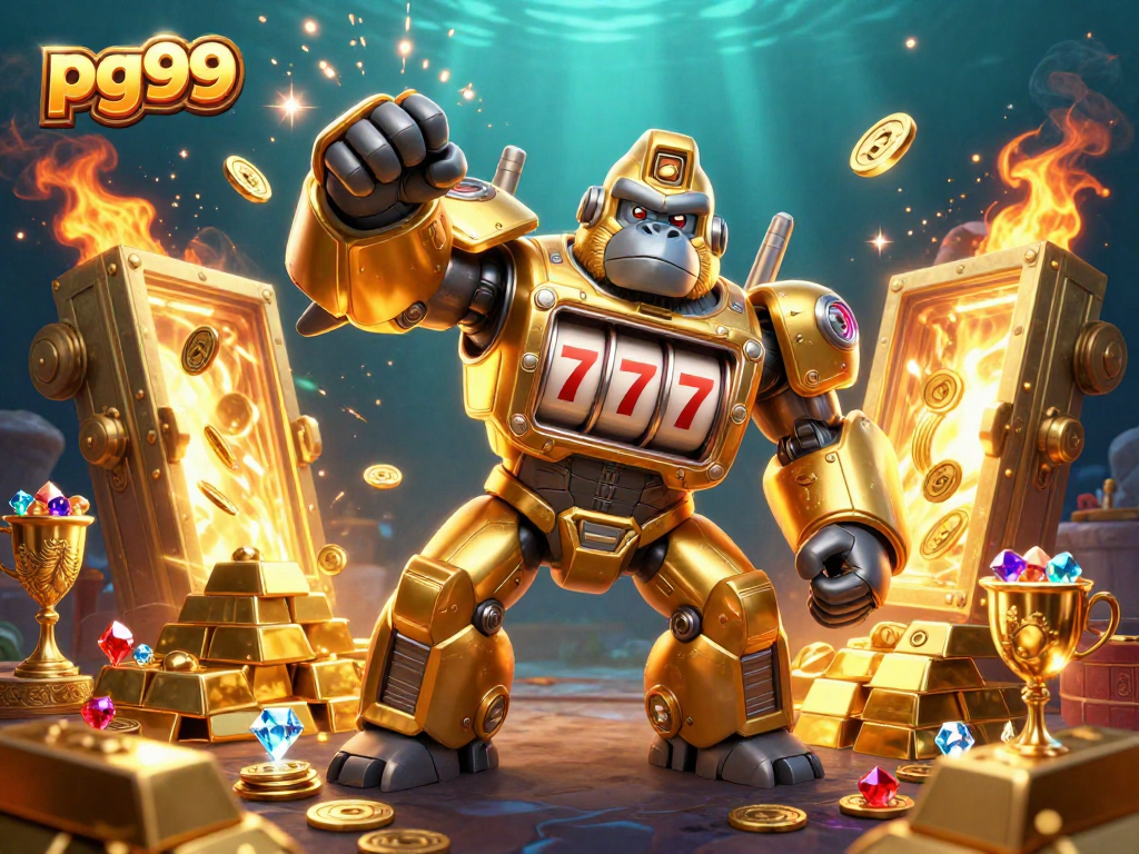 Experience the excitement of pg99 with a 3D illustration of a golden gorilla mech surrounded by treasure.