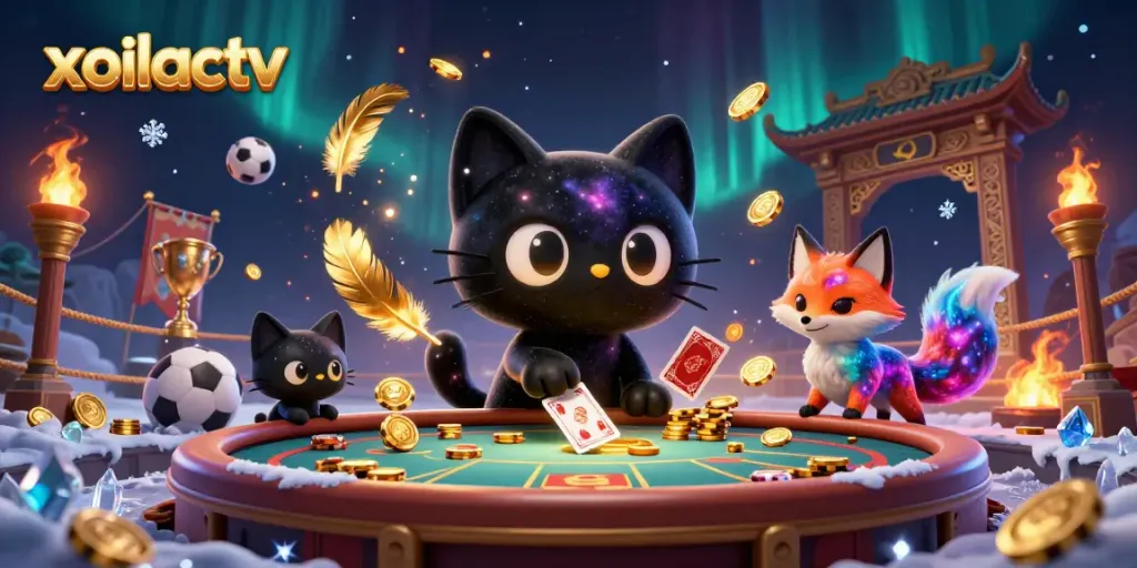 Xoilactv's cosmic casino scene showcases a black hole cat and a colorful nebula fox engaging in vibrant sports betting.