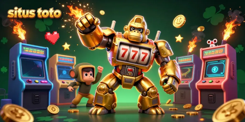 Engaging cartoon scene featuring situs toto-themed elements with a golden gorilla mech and explosive gaming action.