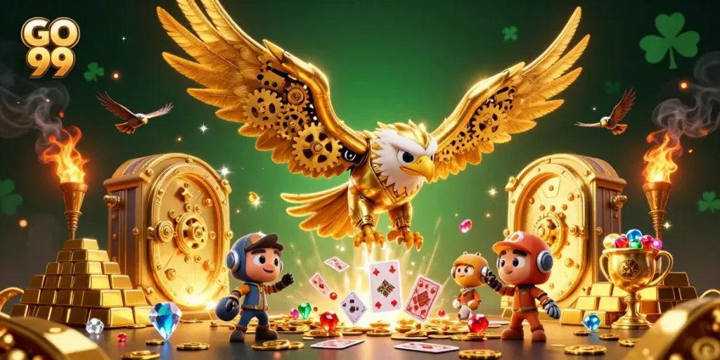 Experience the thrill of GO 99 casino adventures with a vibrant, dynamic illustration of a cybernetic eagle amidst treasures and holographic elements.