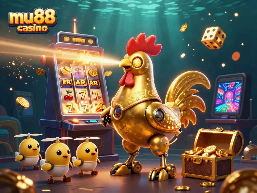 Experience the excitement of mu88 casino with a vibrant illustration featuring golden rooster robot and slot machine action.