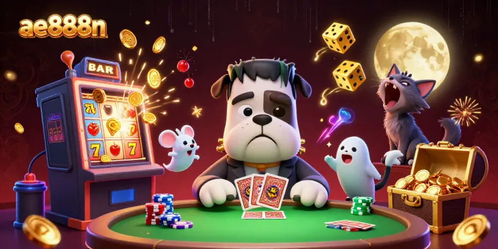 Engage with the thrilling ae888n experience as a Frankenstein bulldog deals cards amidst casino chaos.