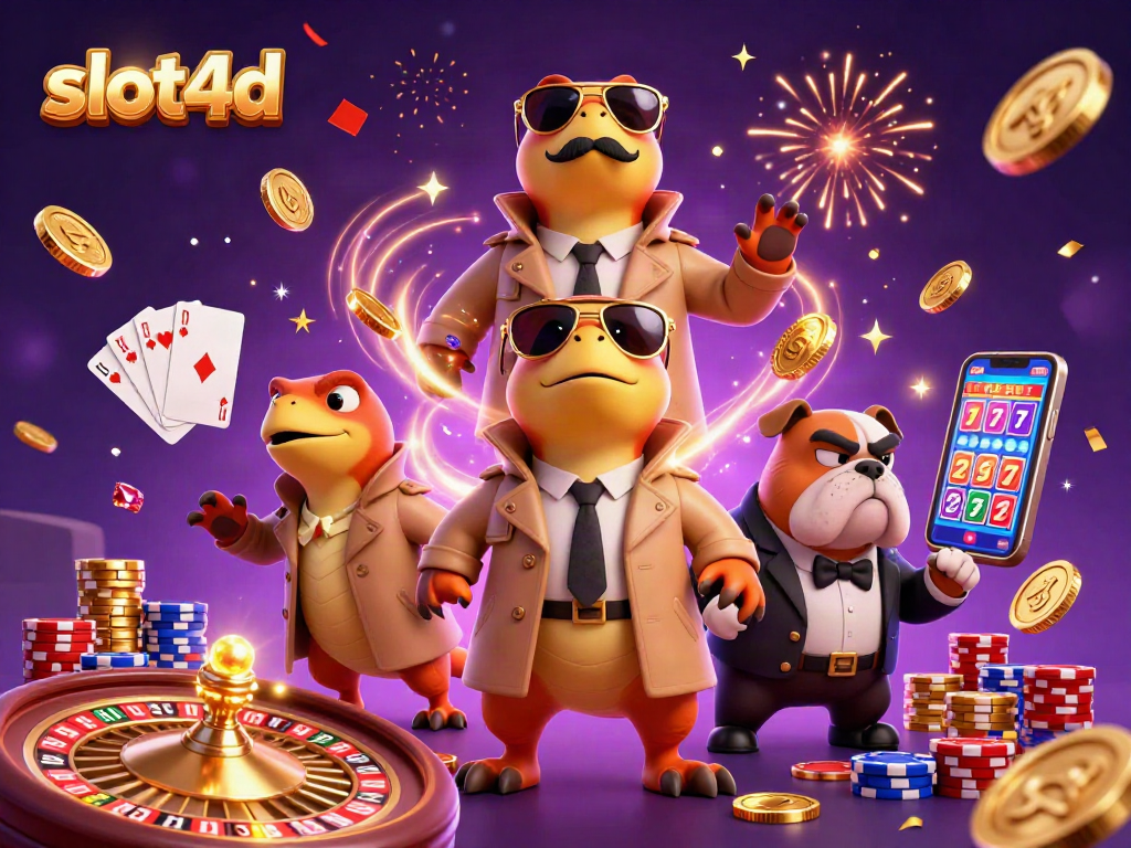 Experience the excitement of slot4d with raptors in a trench coat entering a VIP casino lounge.