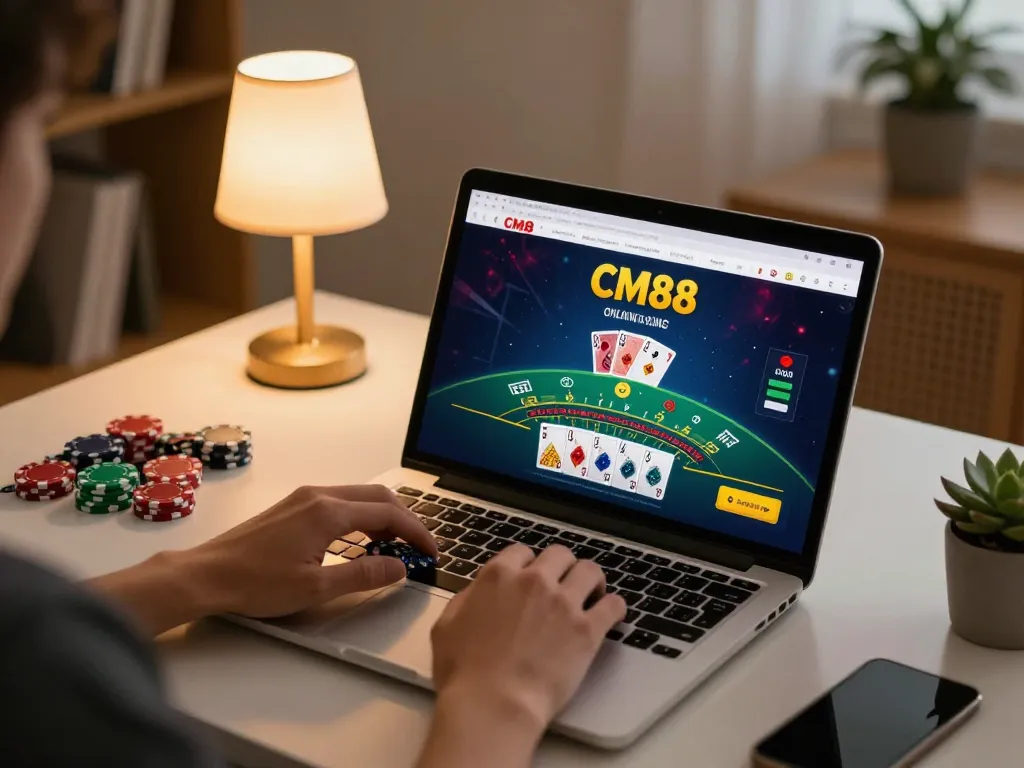 CM88 online gambling experience, showcasing blackjack gameplay on laptop, stylish home office setting