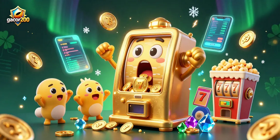 Gacor200, mesin slot mendebarkan yang meraih jackpot dengan banyak koin berceceran.
