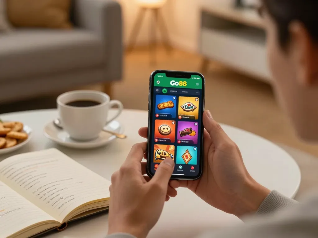 Using the smartphone to TẢI GO88 app for online gaming in a cozy home setting.
