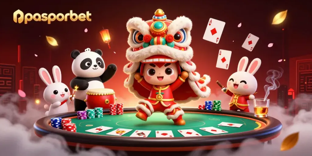 Menangkan permainan dengan pasporbet, ditampilkan dalam ilustrasi 3D penuh warna sedang melibatkan permainan kartu dan karakter unik.