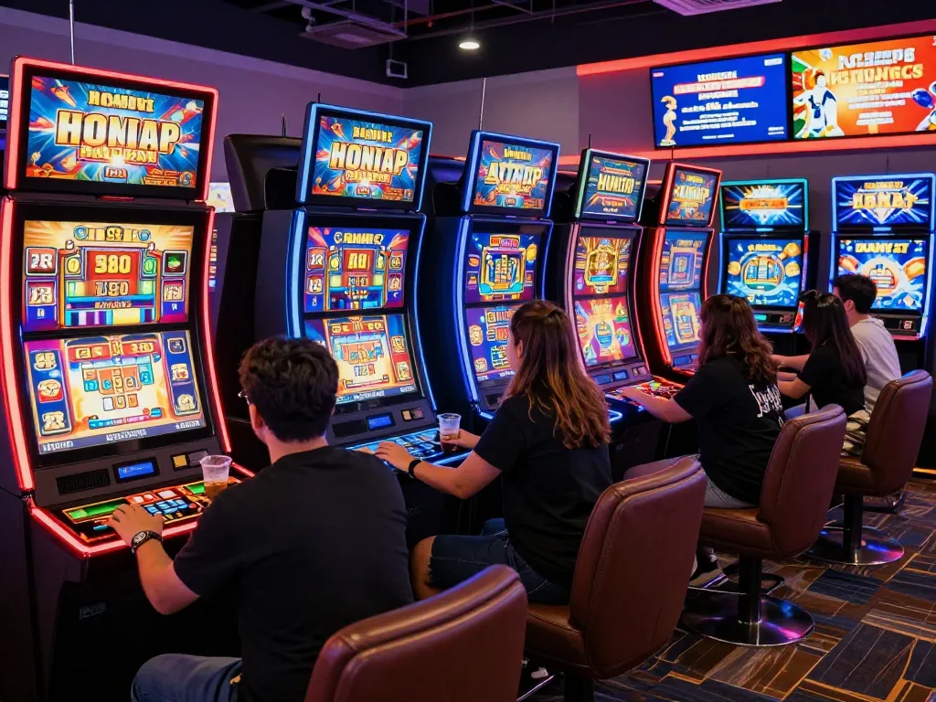 Atmosfer permainan yang menarik di platform online virus88 menampilkan pemain yang berinteraksi dengan mesin slot yang hidup dan tampilan berwarna-warni.