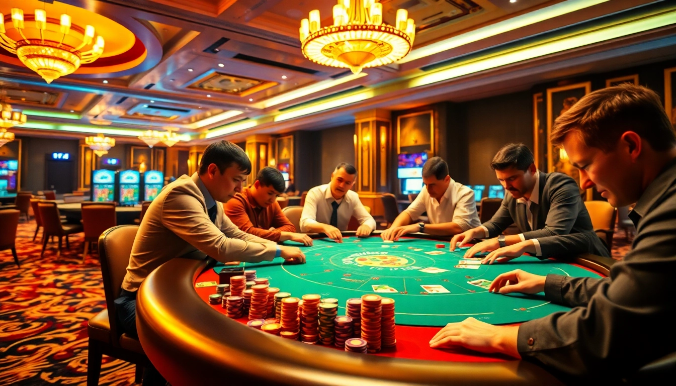 Permainan situs toto yang seru di meja kasino dengan pemain bersemangat.