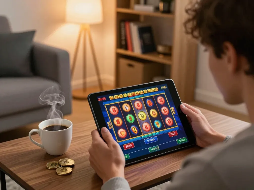 Person enjoying an online casino game at home, showcasing a tablet with AGENSLOT188 gaming interface, emphasizing the comfortable environment at forsythsundownerinn.