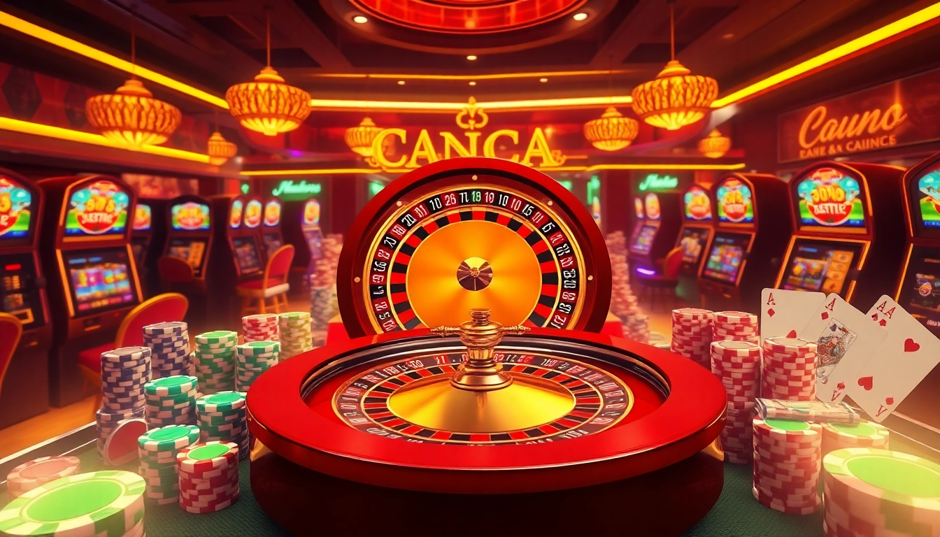 An engaging online casino scene at https://cm88bet.us/ban-ca-cm88/ featuring roulette, slot machines, and exciting gambling elements.