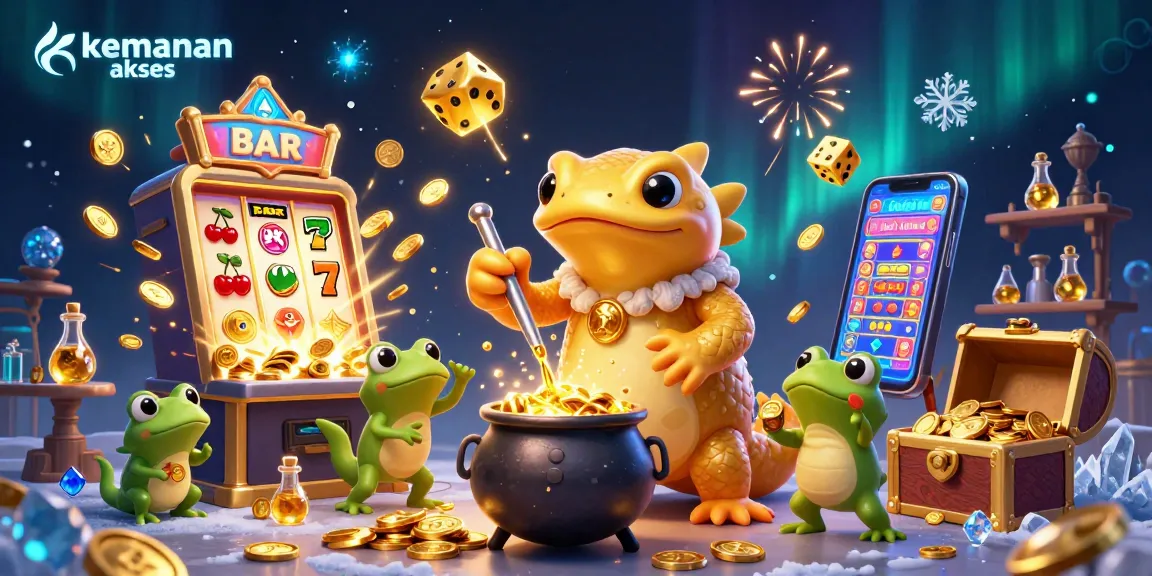 Experience a magical casino world with keamanan akses, featuring 3D characters swirling gold coins and jackpots.