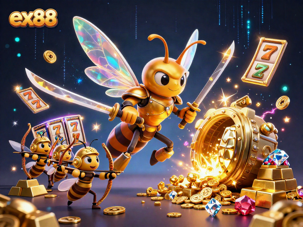Experience the thrill of ex88 casino with animated golden hornet warriors and dazzling slot elements.