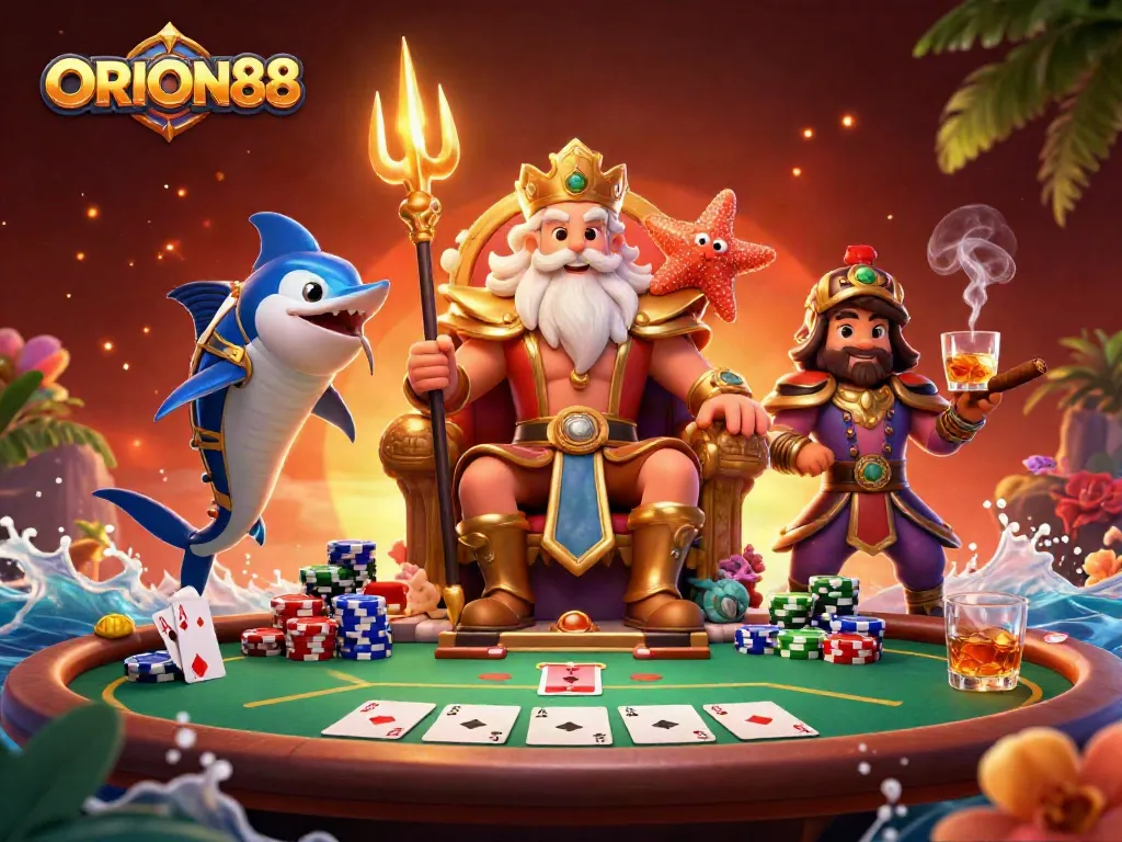 Engage in thrilling poker at ORION88 featuring a vibrant sea king Neptune and samurai in a dynamic 3D casino scene.