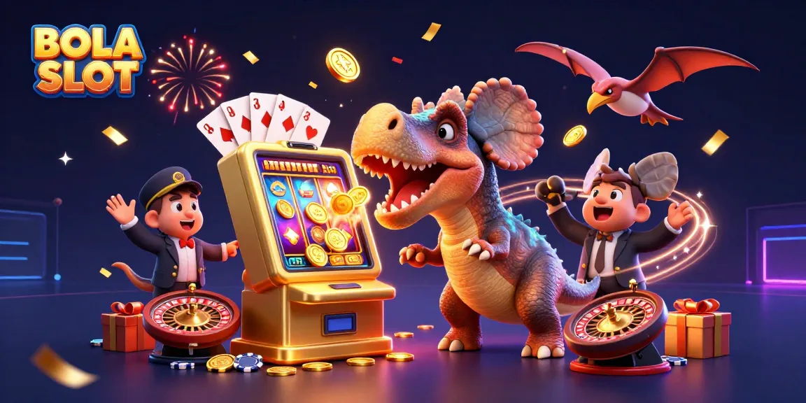BOLA SLOT features a pachycephalosaurus and casino characters in dynamic jackpot celebration.