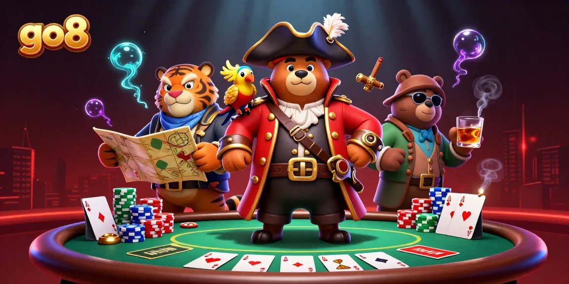 Experience thrilling gameplay with go8 as pirate bear and tiger strategize at a poker table.