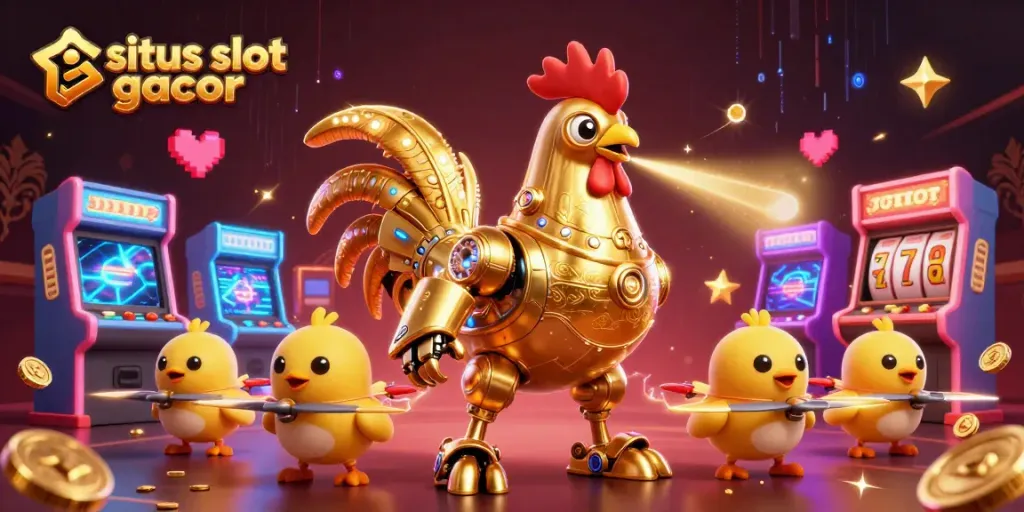 situs slot gacor menghadirkan ilustrasi 3D robot ayam keemasan yang mencolok dengan elemen slot mengelilinginya.