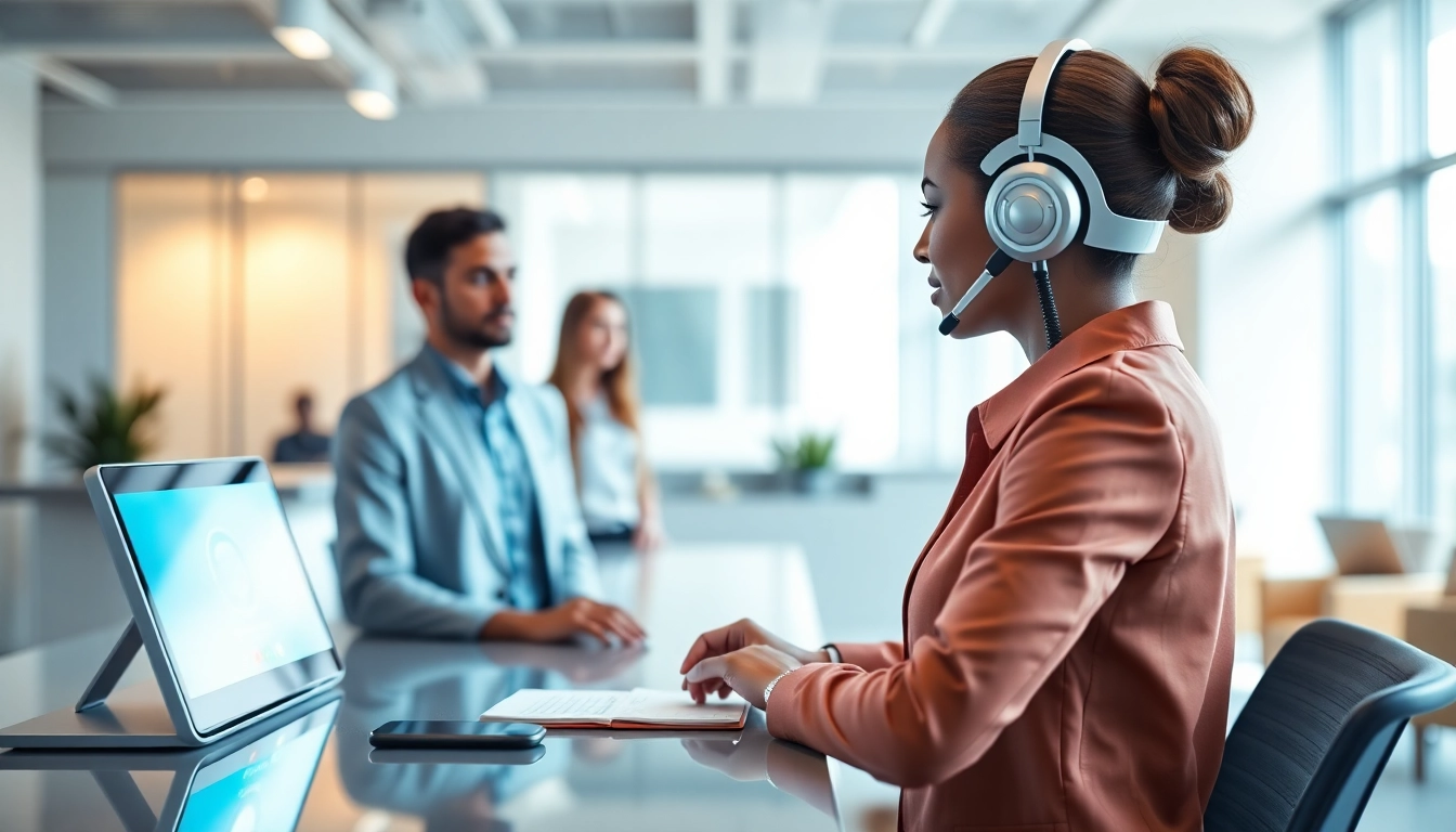 AI Receptionist providing assistance in a modern office environment with advanced technology.