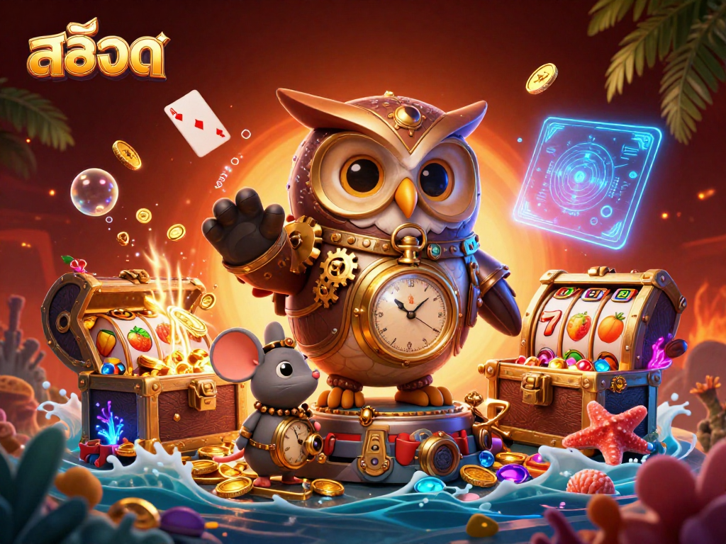 Spin vibrant สล็อต reels with treasures in an enchanting casino world, guided by a steampunk owl.