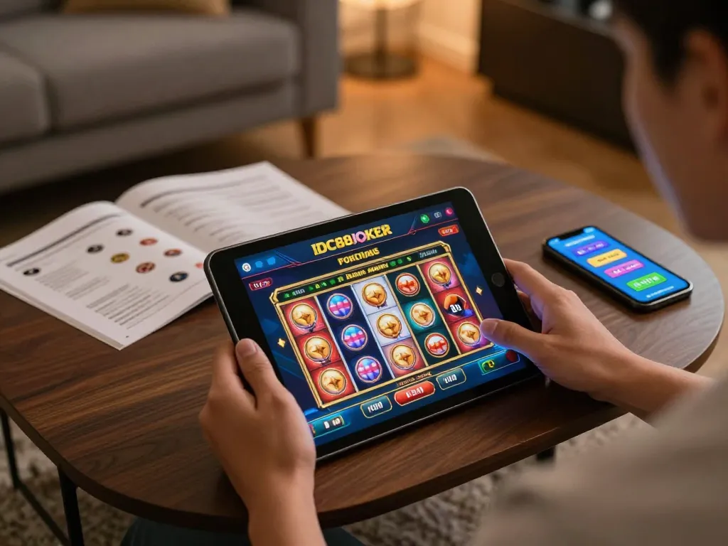 Engaging with IDC88JOKER casino app on tablet, showcasing vibrant gaming interface.