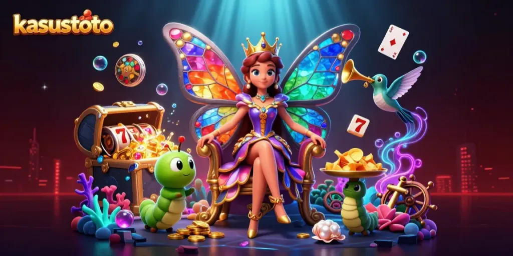 Kasustoto: ilustrasi kasino dengan ratu kupu-kupu 3D dan elemen slot yang dinamis.