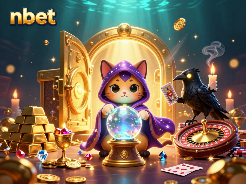 Engage with nbet casino adventure alongside a mystic cat and raven in a vibrant scene.