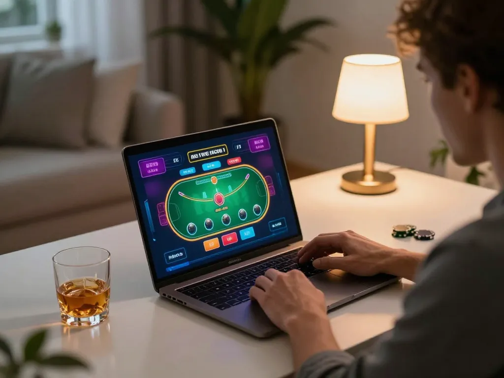 Player enjoying intense online poker on laptop screen at home, highlighting sc888 gaming strategies.