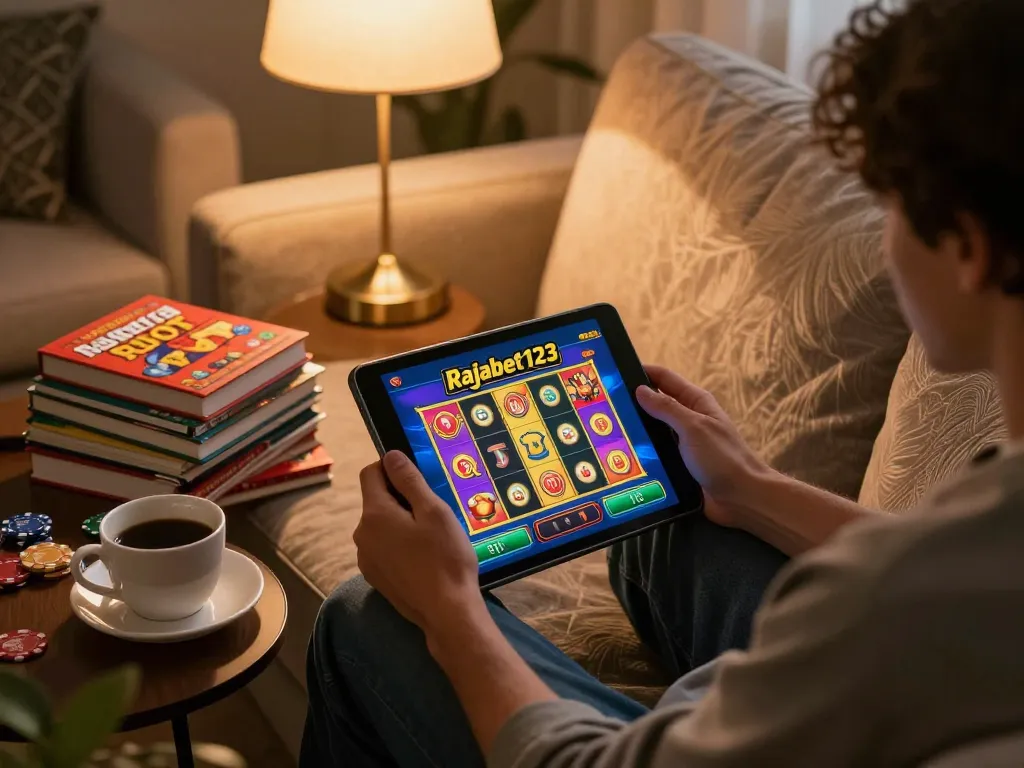 Engaging in the Rajabet123 Slot game on a tablet in a cozy home setting focused on responsible gaming
