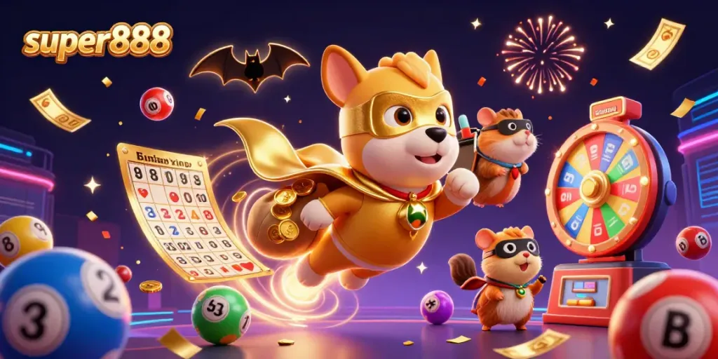 Super888, mainkan slot dengan tema menghibur bersama superhero anjing dan hamster.