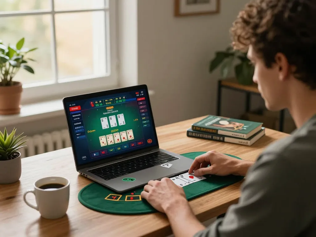 TG88 player engaging in live online blackjack at home, showcasing strategic gameplay and a cozy setup.
