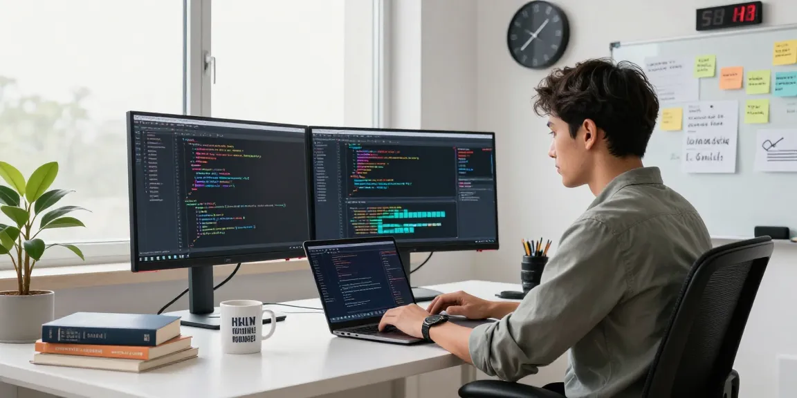 Pengembang perangkat lunak SGA33 sedang bekerja di ruang kerja modern dengan laptop dan monitor.