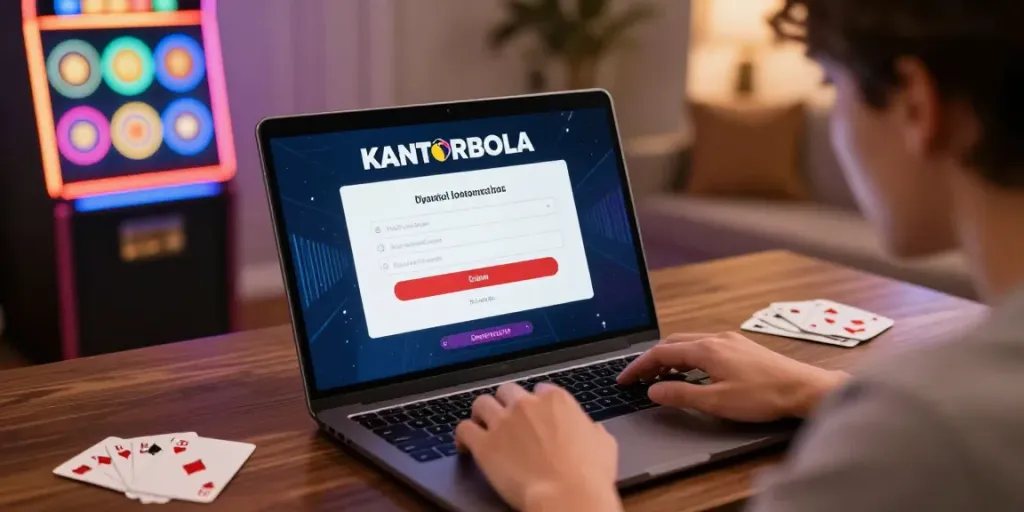 KANTORBOLA login process in action with vibrant online casino elements and engaging user atmosphere.