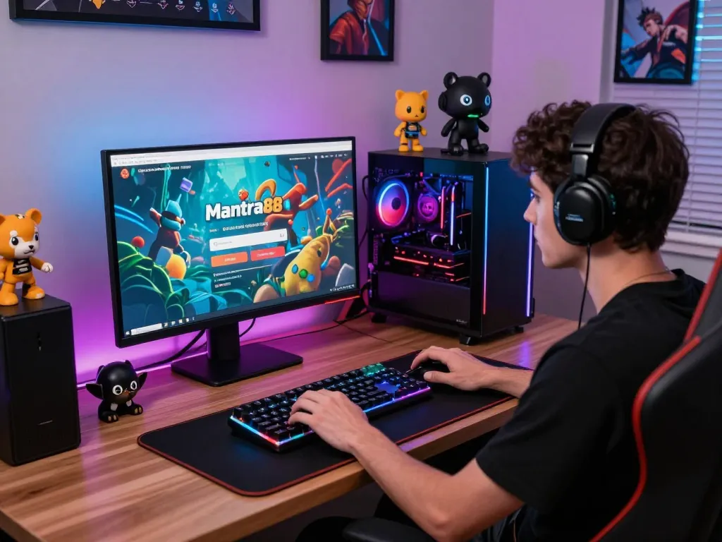 Engaging Mantra88 login scene with a gamer in focus, vibrant gaming setup and RGB lighting.