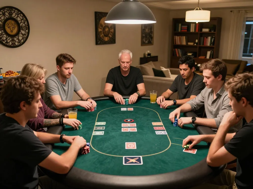 Players enjoying a friendly poker game at home while using LGOGOAL strategy tips for betting.