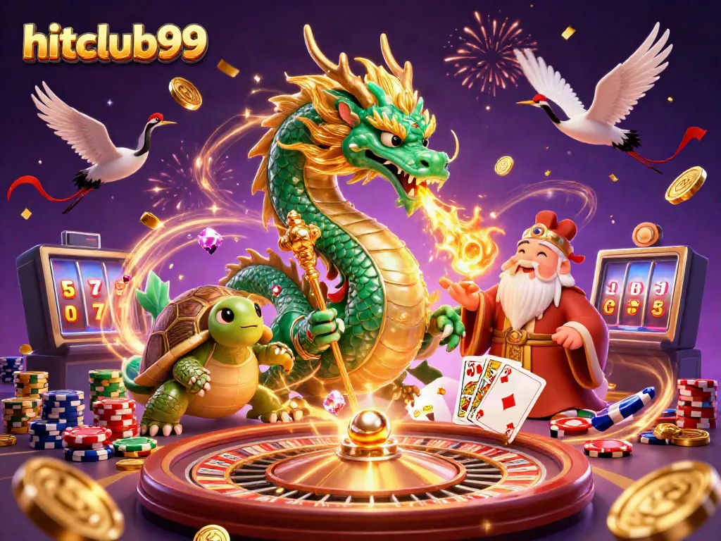 Experience excitement with hitclub99, featuring a vibrant dragon and lucky game elements in a casino scene.