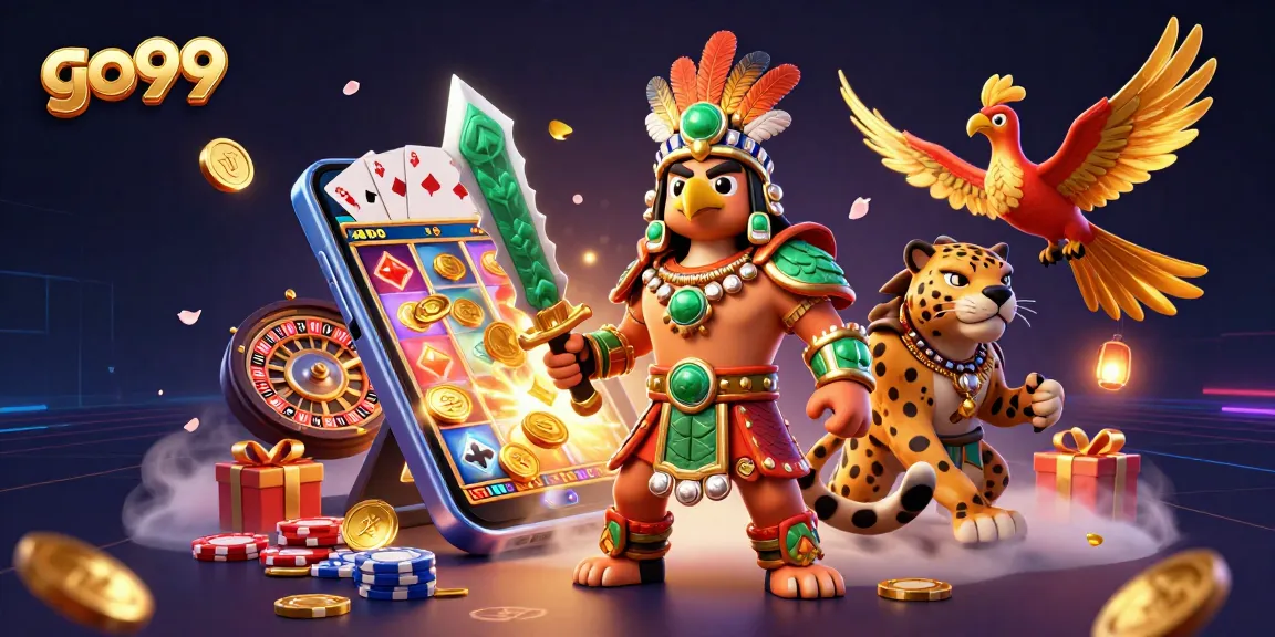 Play games at go99 with an Aztec warrior and a jaguar, surrounded by vibrant casino elements.