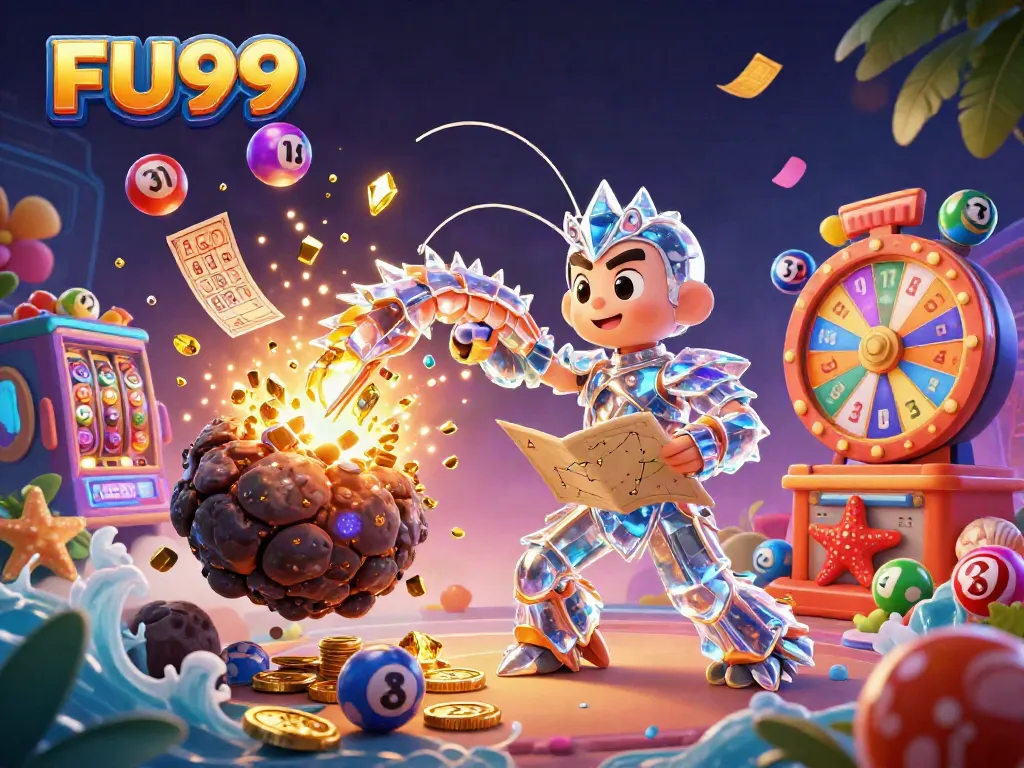 Experience thrilling action with FU99 as the galactic mantis shrimp explodes asteroids into golden gems and coins.