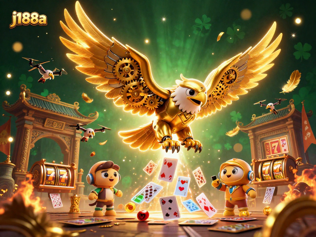 Experience thrilling gambling action with j188a's dynamic 3D scene filled with gaming elements and vibrant characters.