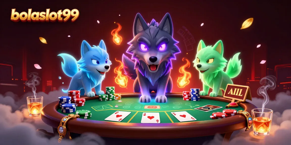 Engage with bolaslot99 at a vibrant poker scene adorned by spectral wolves and rich casino elements.