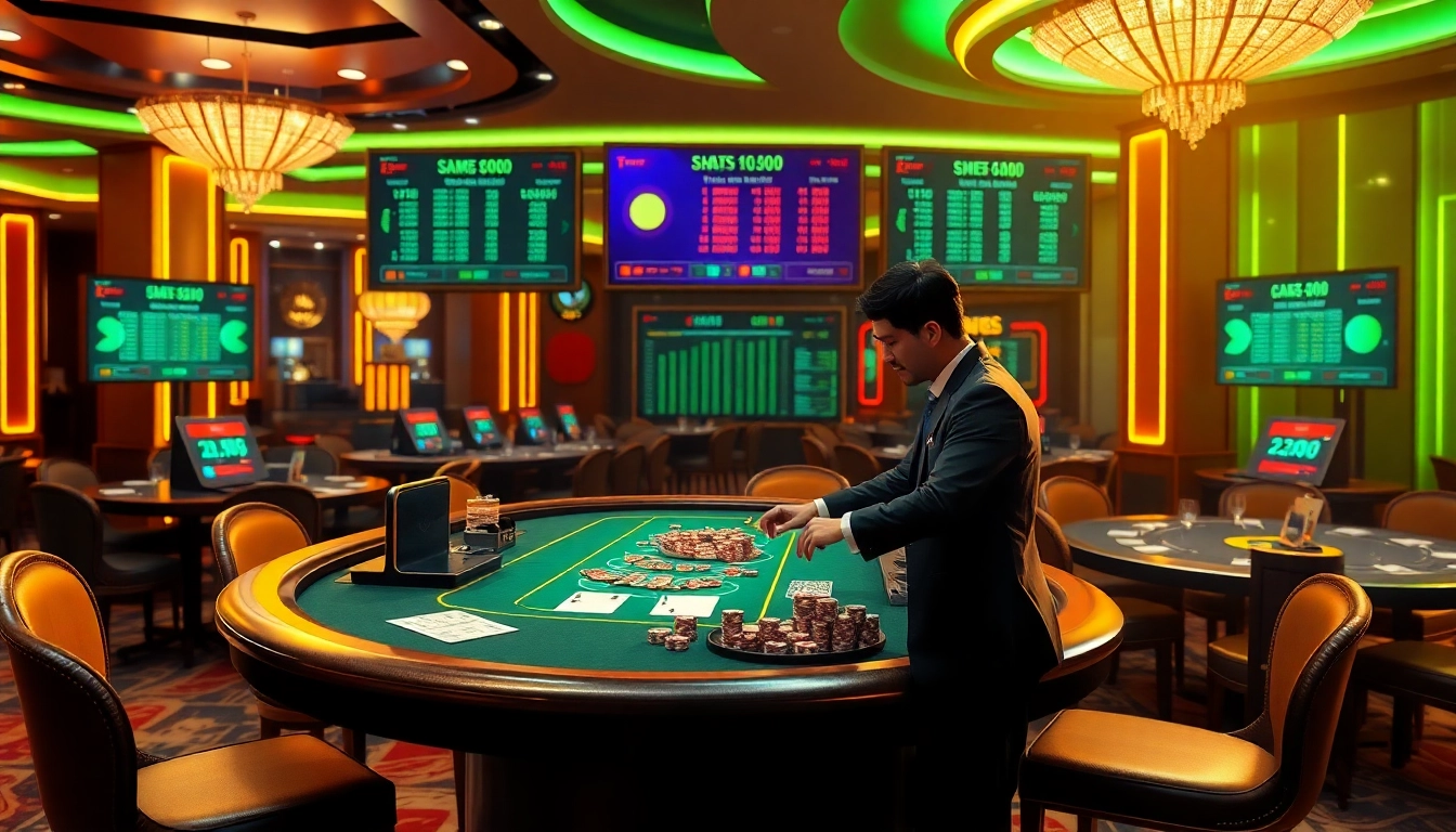 Engaging gameplay of tài xỉu md5 with a dealer at a luxurious casino table featuring dice and betting slips.