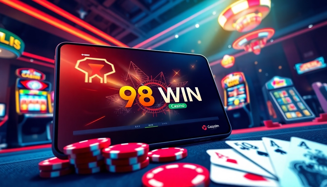 Exciting illustration of 98WIN online casino showcasing vibrant gaming graphics and slot machines.