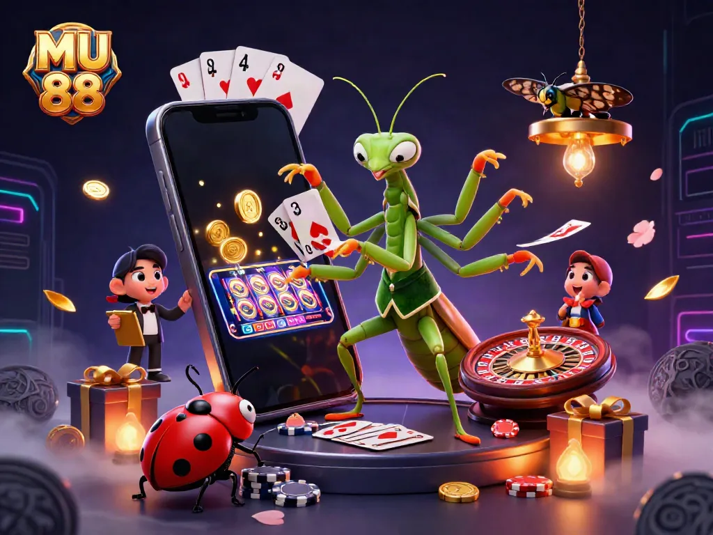 Engaging MU 88 casino scene with a giant praying mantis dealing cards and vibrant slot game elements.