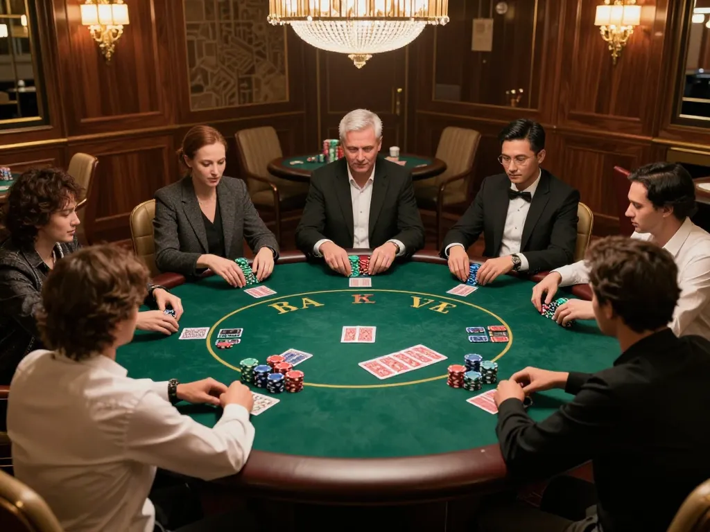 cm88betjuara poker game in a luxurious setting with players and colorful chips