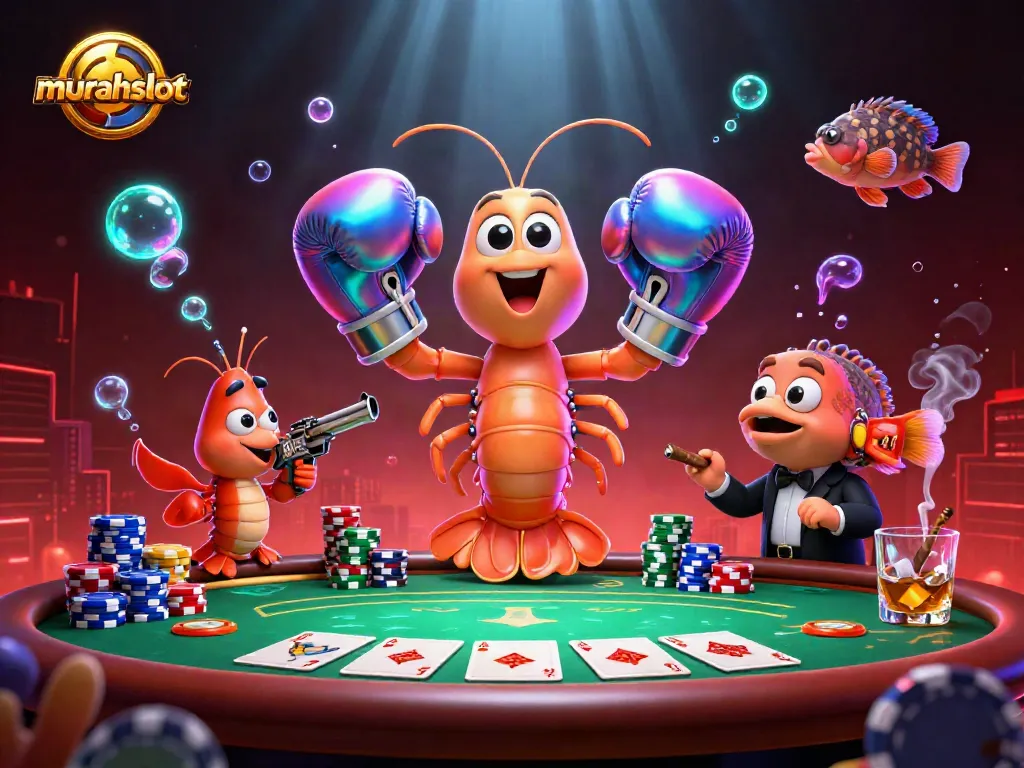 Permainan slot murahslot dengan karakter udang mantis dan juru bicara yang penuh aksi di meja poker.