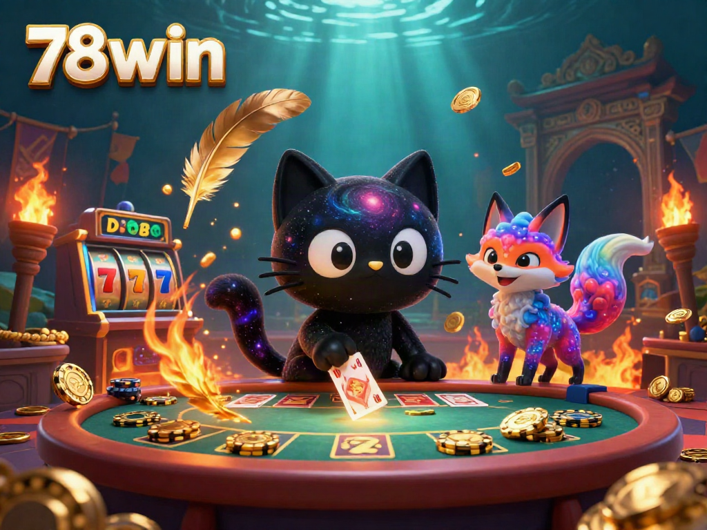 Immerse yourself in the 78win cosmic casino scene featuring a black hole cat and nebula fox surrounded by vibrant slot elements.