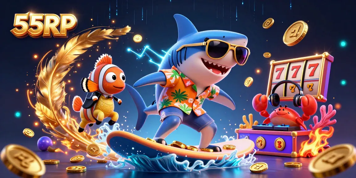 Engage with lively 55RP casino experience featuring a shark, clownfish, and DJ crab