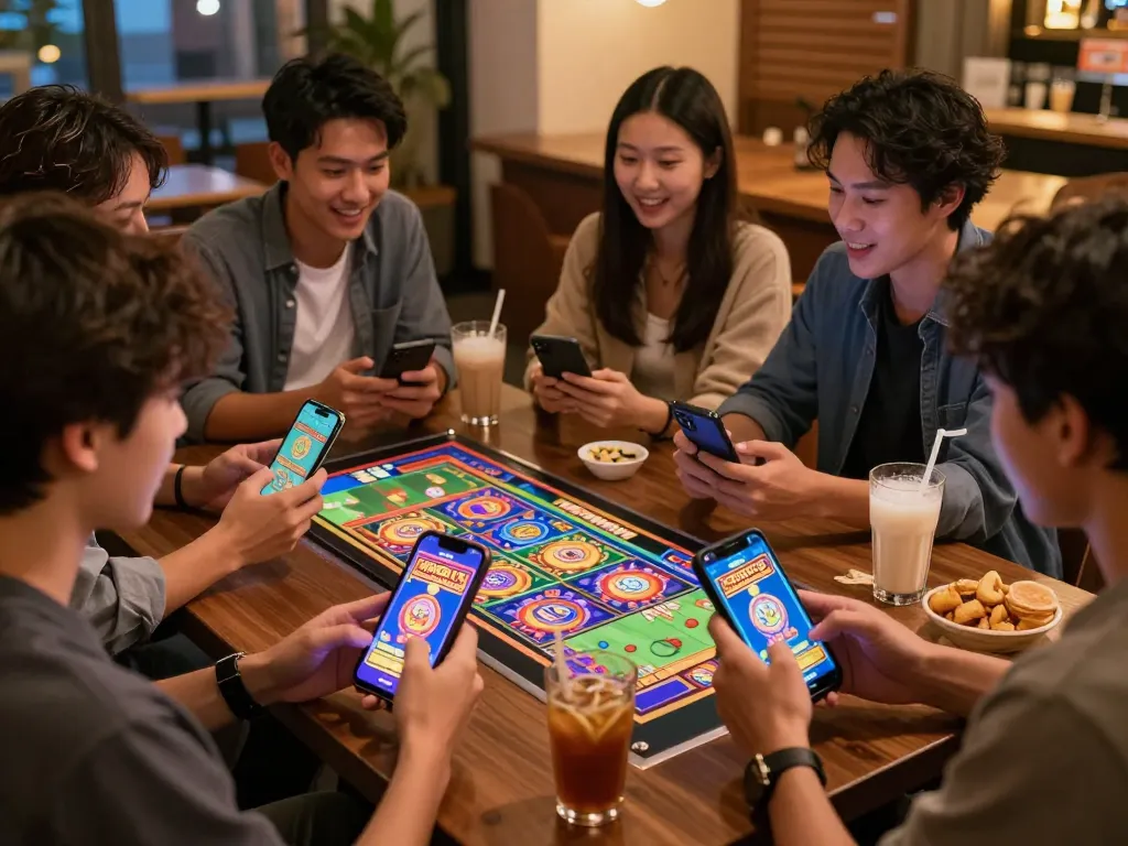 Pemain OKESLOT merayakan kemenangan sambil menggunakan aplikasi permainan mobile di suasana yang nyaman