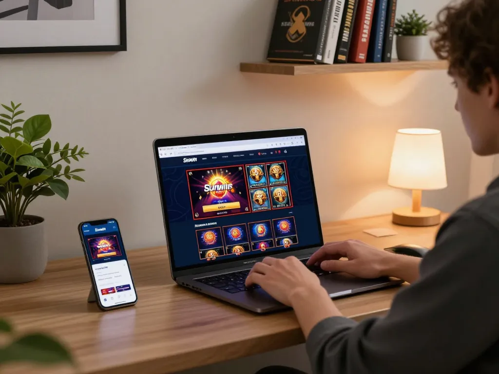 Engaging with Sunwin online casino platform during a cozy home gaming session.